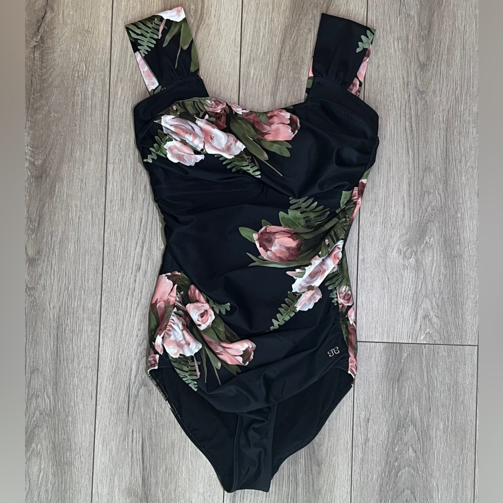 Albion The Tiffany Off Shoulder Black Floral One Piece - Medium